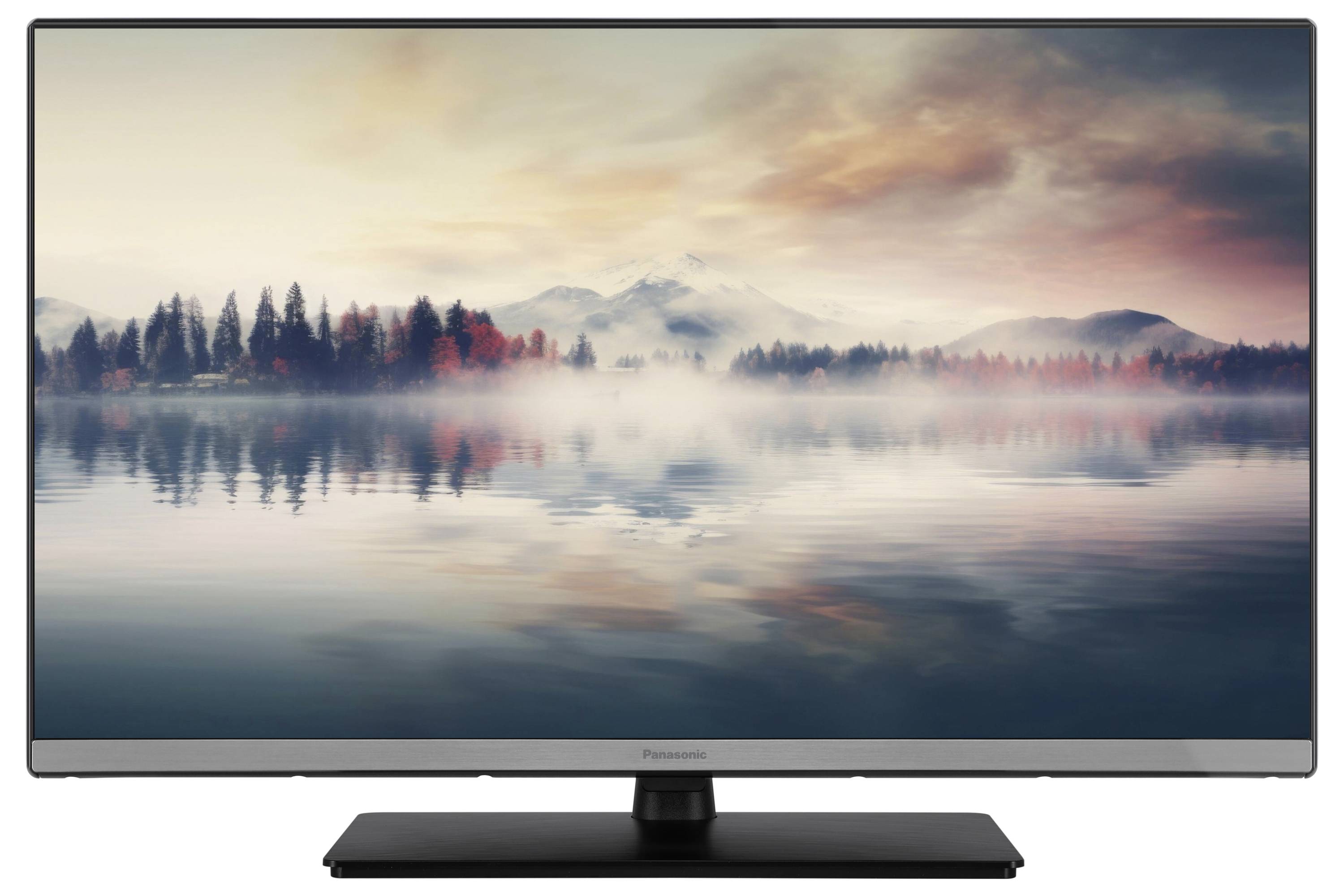 Flat-screen television with a serene lake as the screen background, surrounded by misty mountains and autumnal trees.