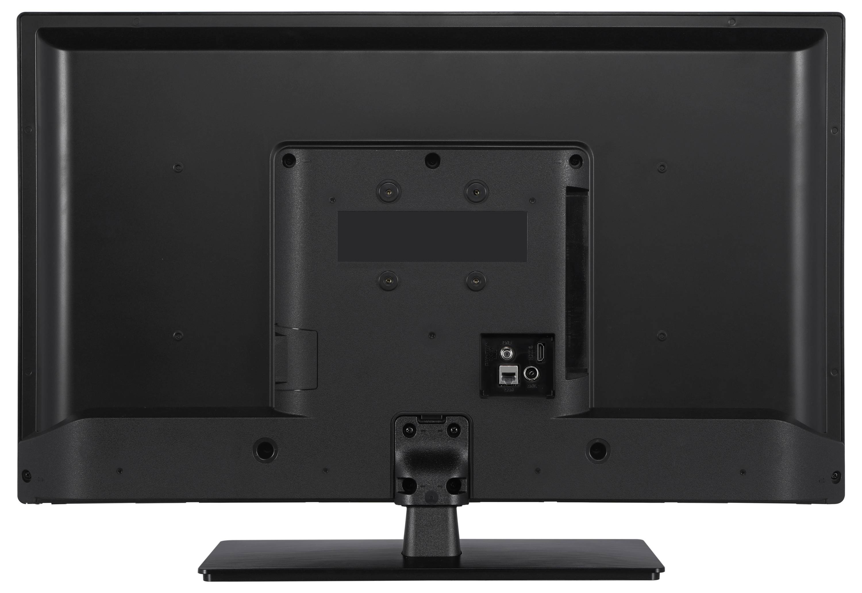 Rear view of a black television with a stand, visible connection ports for cable connections on the back.