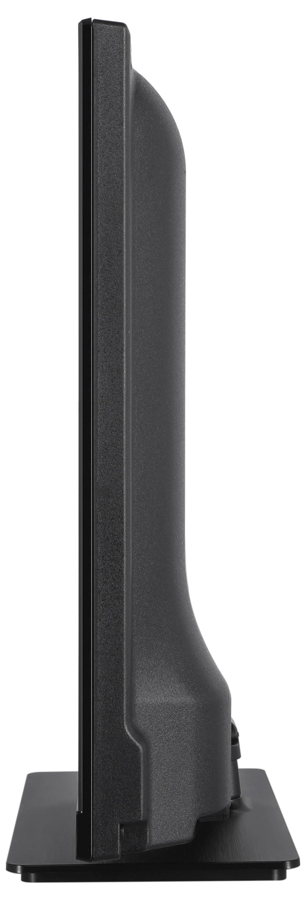 Side view of a thin, black monitor on a rectangular stand.