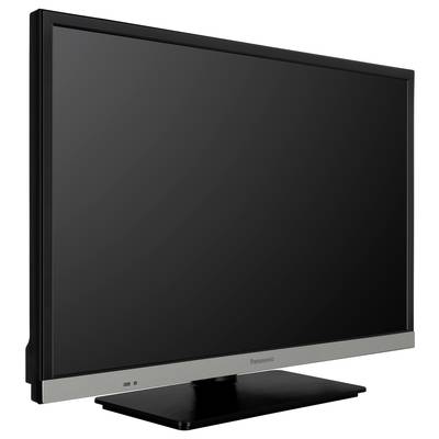 Panasonic flat-screen television with a black bezel and stand, screen switched off, photographed diagonally from the left.