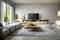 Modern living room with a large sofa, TV on a wooden table, armchair and large windows overlooking a green garden.