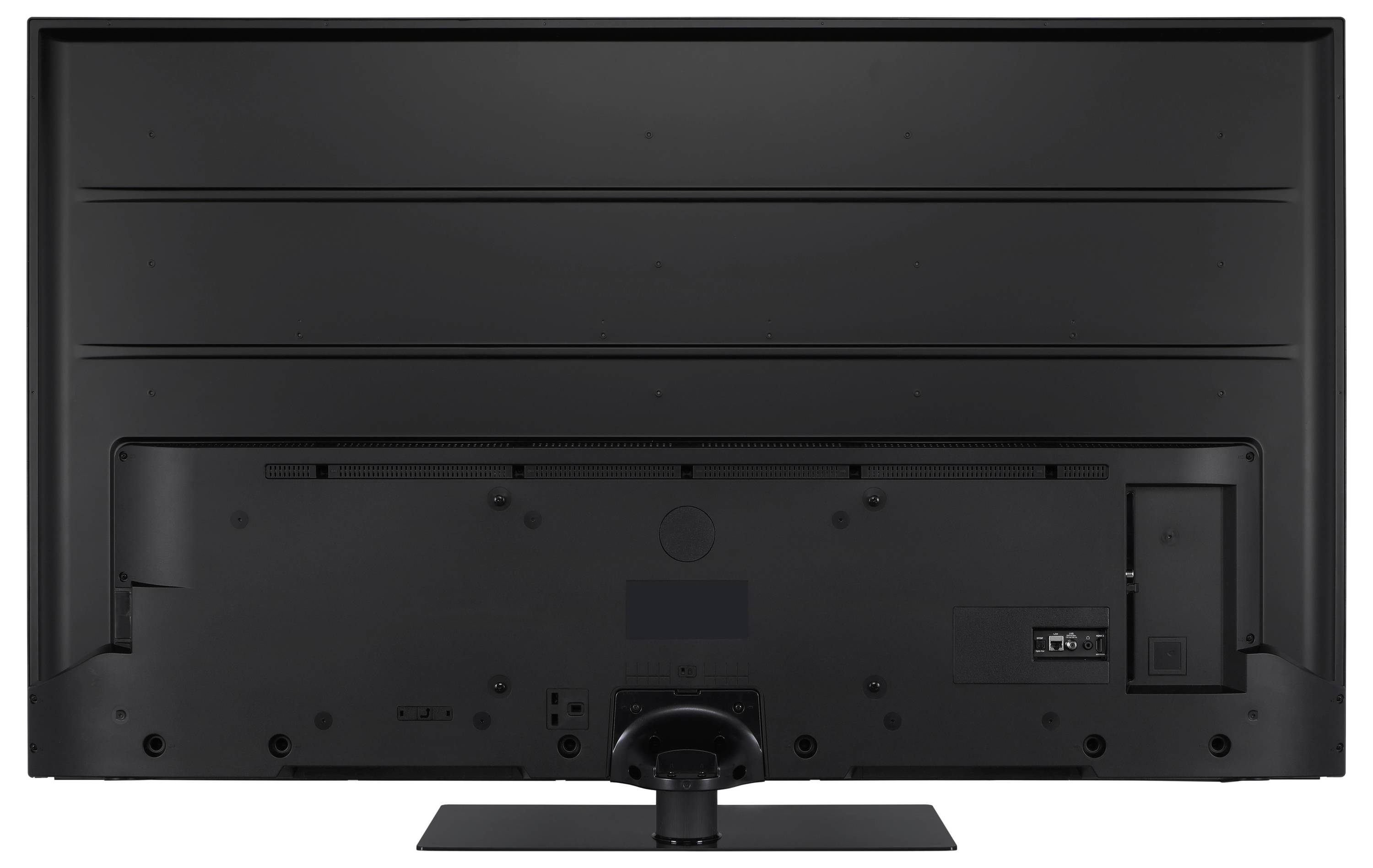 Rear view of a black television standing on a stand, showing no visible connections or cables.