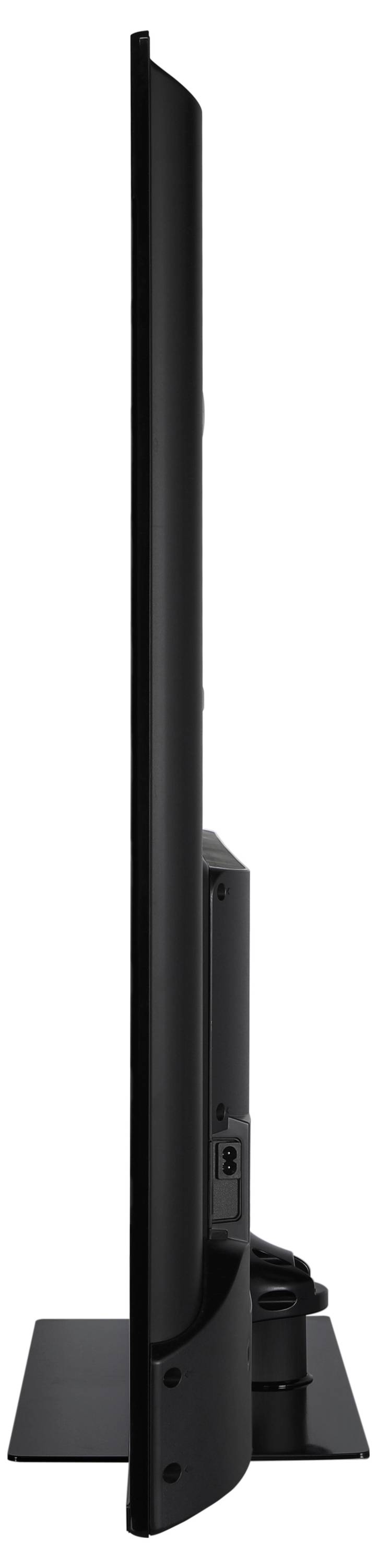 Side view of an ultra-thin flat-screen television mounted on a rectangular stand.