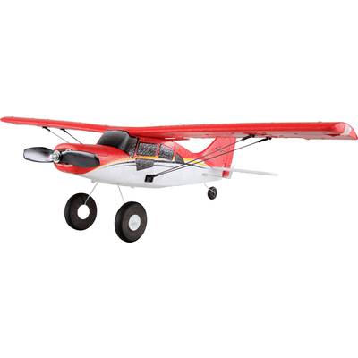 A red model aeroplane with a black propeller and undercarriage. It has a white underside and yellow stripes along its side.