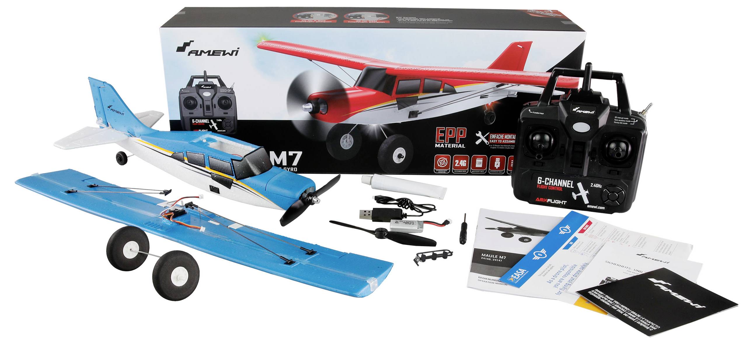 Model Aircraft Kit: Includes blue and red aeroplane, remote control, propeller, wheels and instructions. Packaging displays aircraft design.
