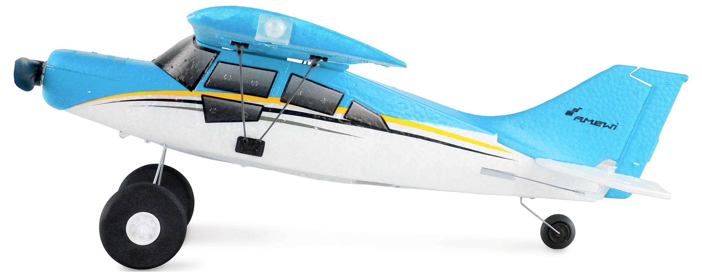 Toy aeroplane with a blue top surface and white fuselage. Larger front wheels and a smaller tail wheel support the aircraft.