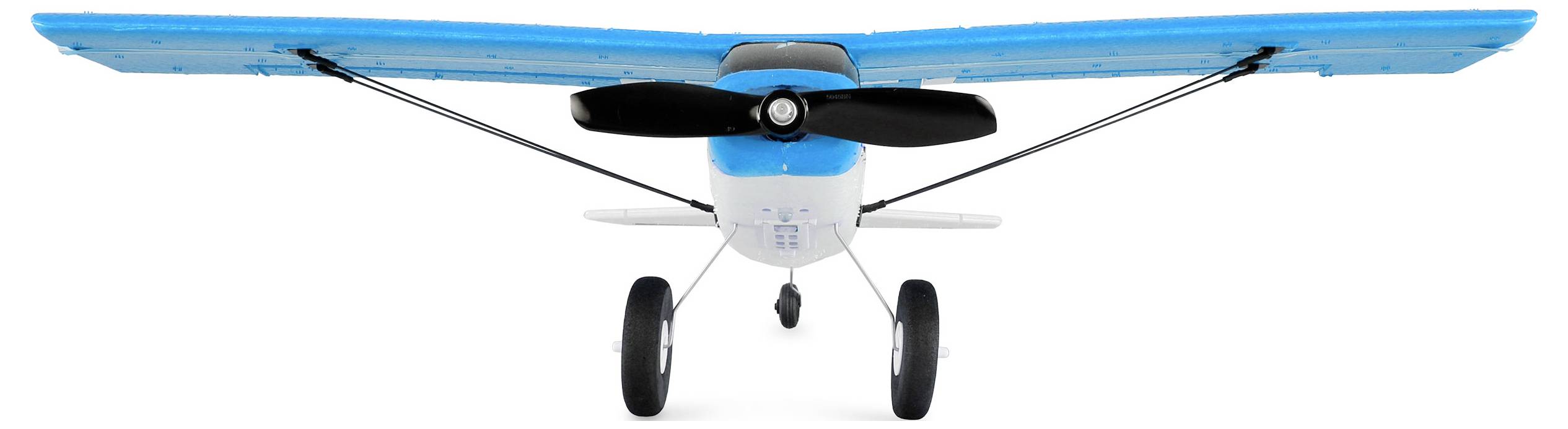 A small model aeroplane with blue wings and a propeller, photographed from the front, sits on a white background.