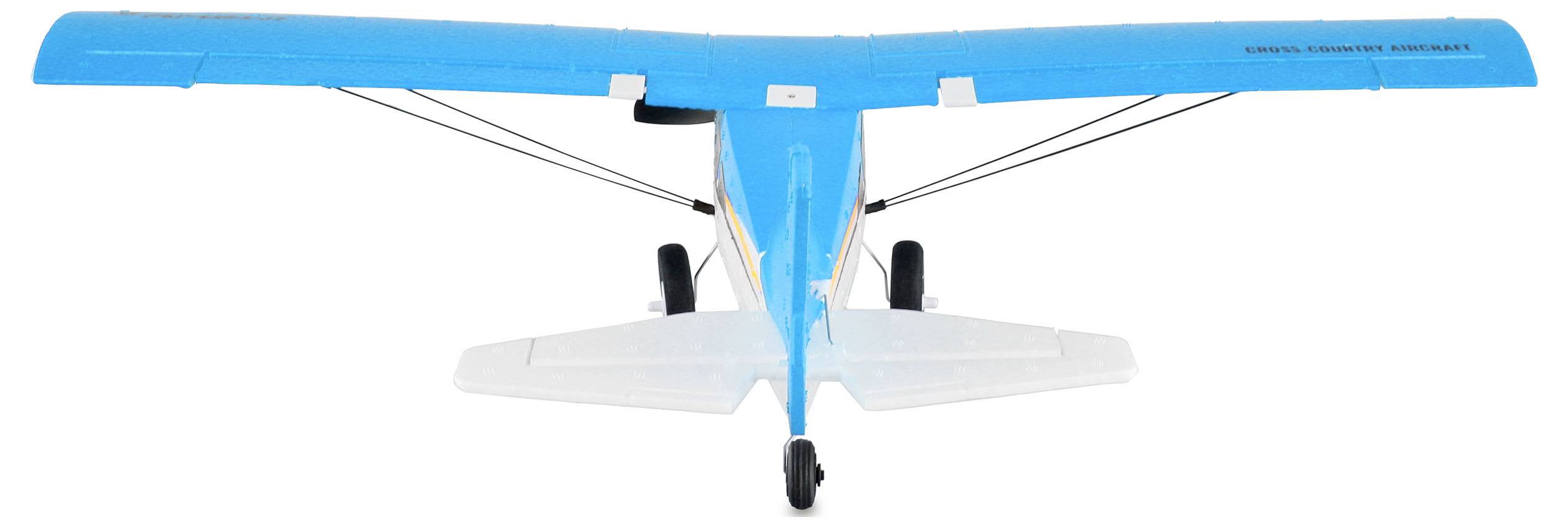 A blue and white model aeroplane from behind, with visible wheels and struts beneath the wings, particularly in focus.