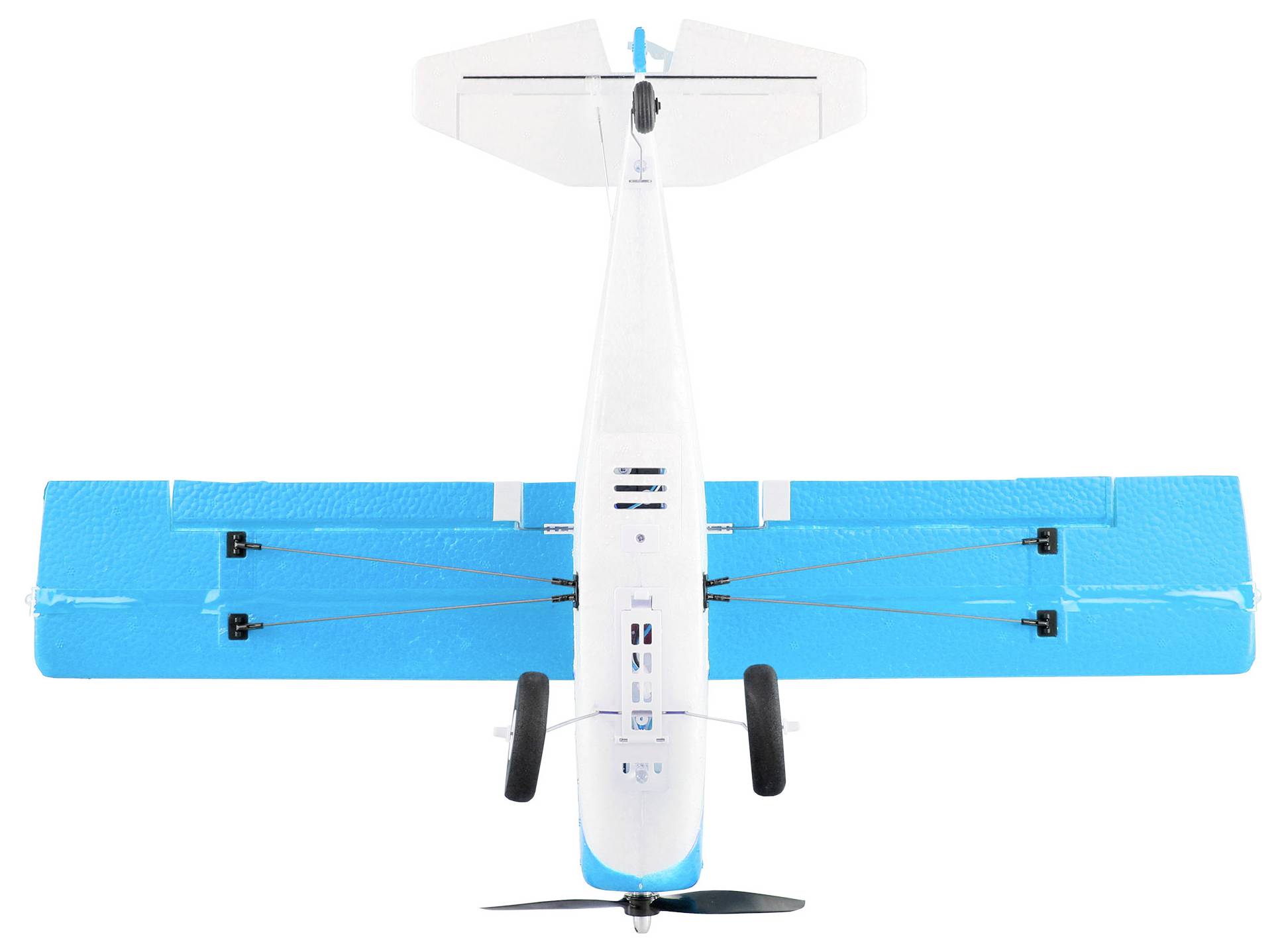A model aeroplane viewed from above, white with blue wings, a propeller at the front. Clear, minimalist background.