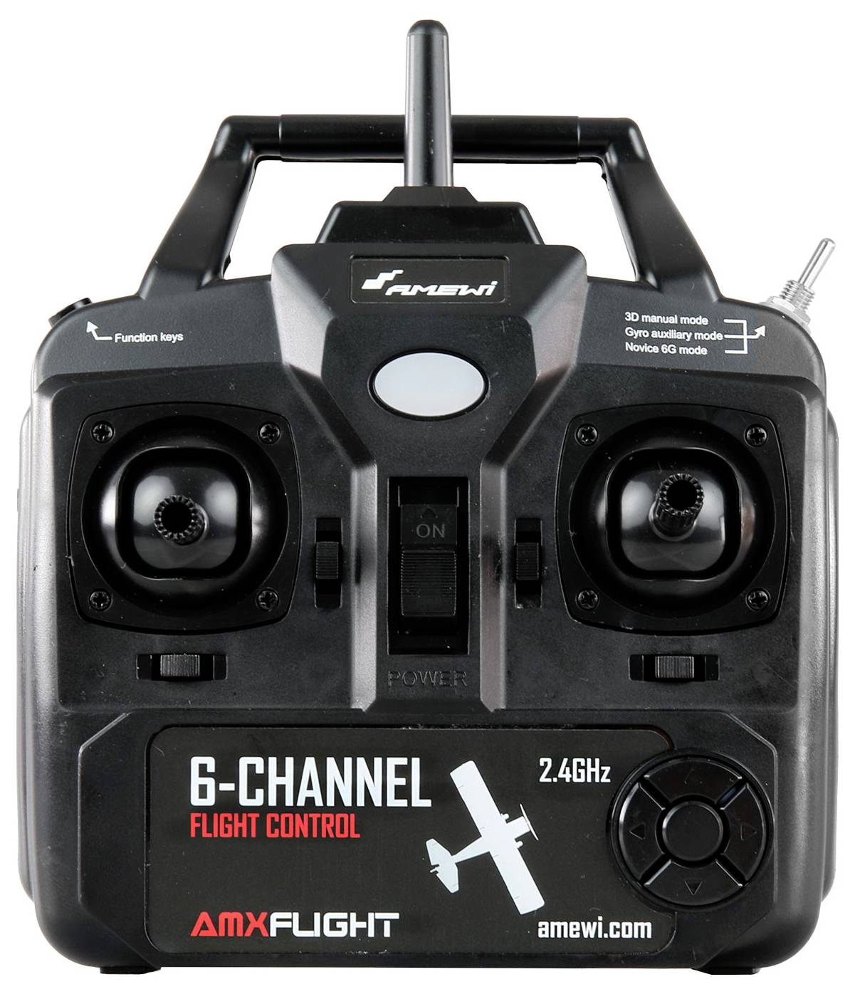 A black 6-channel flight controller with two control sticks and various switches, potentially for remote-controlled aircraft.