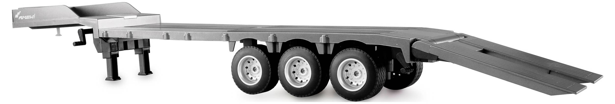 'Three-axle trailer with hydraulic lift platform in grey colour, suitable for transporting heavy vehicles or machinery.'