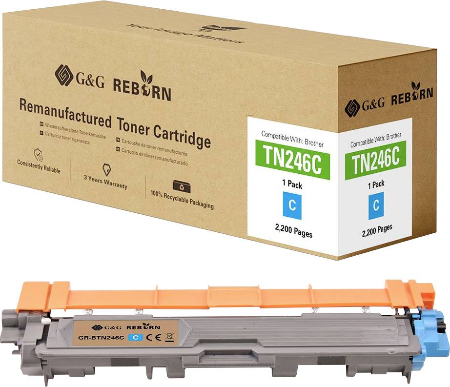 Refilled Toner Cartridge 'G&G REBORN', compatible with Brother TN246C, for 2,200 pages. Packaging and cartridge shown.