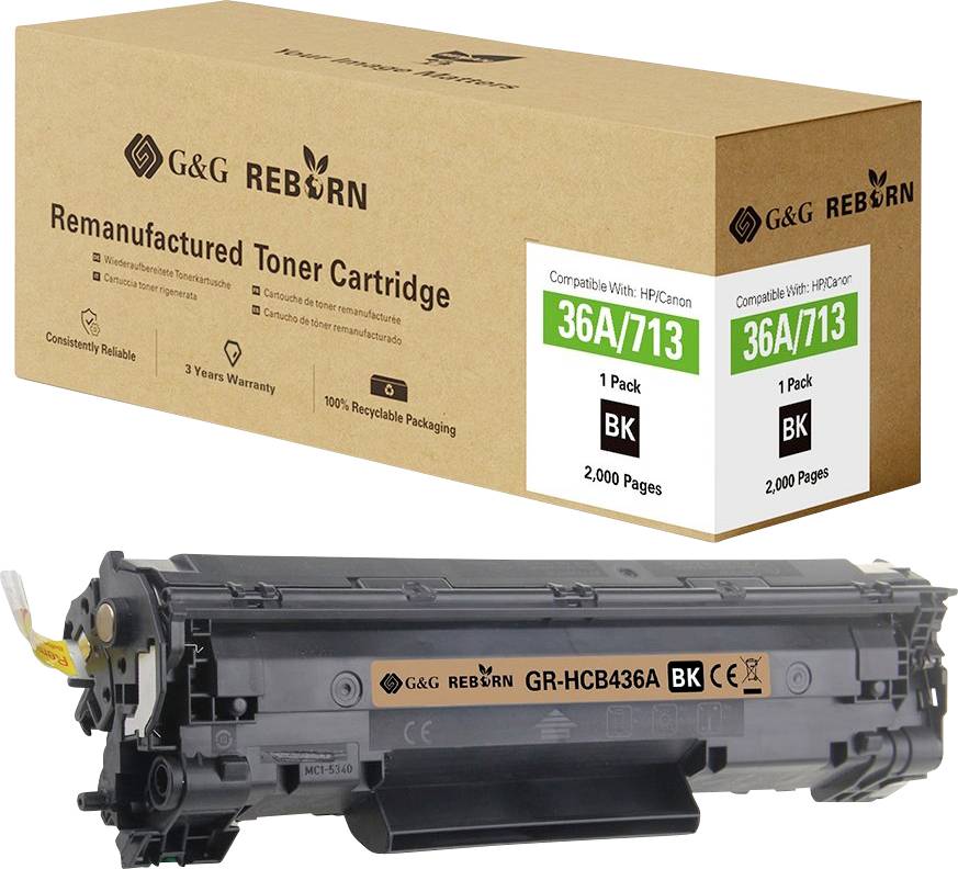 Remanufactured G&G Reborn Toner Cartridge with Packaging. Compatible with HP 36A/713, black ink, page yield of 2,000 pages.