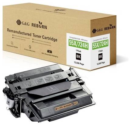 'Remanufactured Toner Cartridge' by G&G Reborn, compatible with HP 55X/724H; 12,500 pages; Black; environmentally friendly packaging.