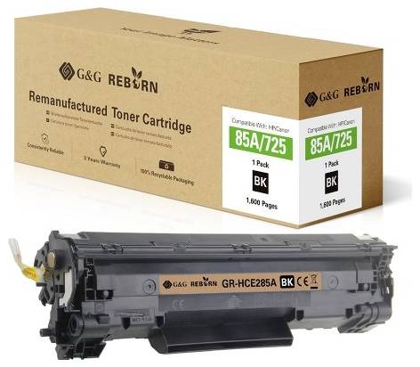 In the image is a remanufactured toner cartridge from G&G Reborn, positioned next to its packaging with the inscription '85A/725'.