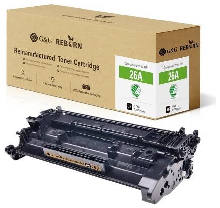 Image of a replicated toner cartridge '26A' by G&G Reborn for HP printers. Packaging displays recycling and warranty information.