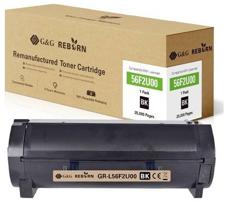 Remanufactured toner cartridge by G&G Reborn, compatible with Lexmark 56F2U00, prints 25,000 pages, black.