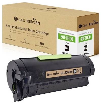 Toner cartridge and packaging for 'G&G Reborn' laser printer. Compatible with Lexmark 60F2H00, with a page yield of 10,000 pages.