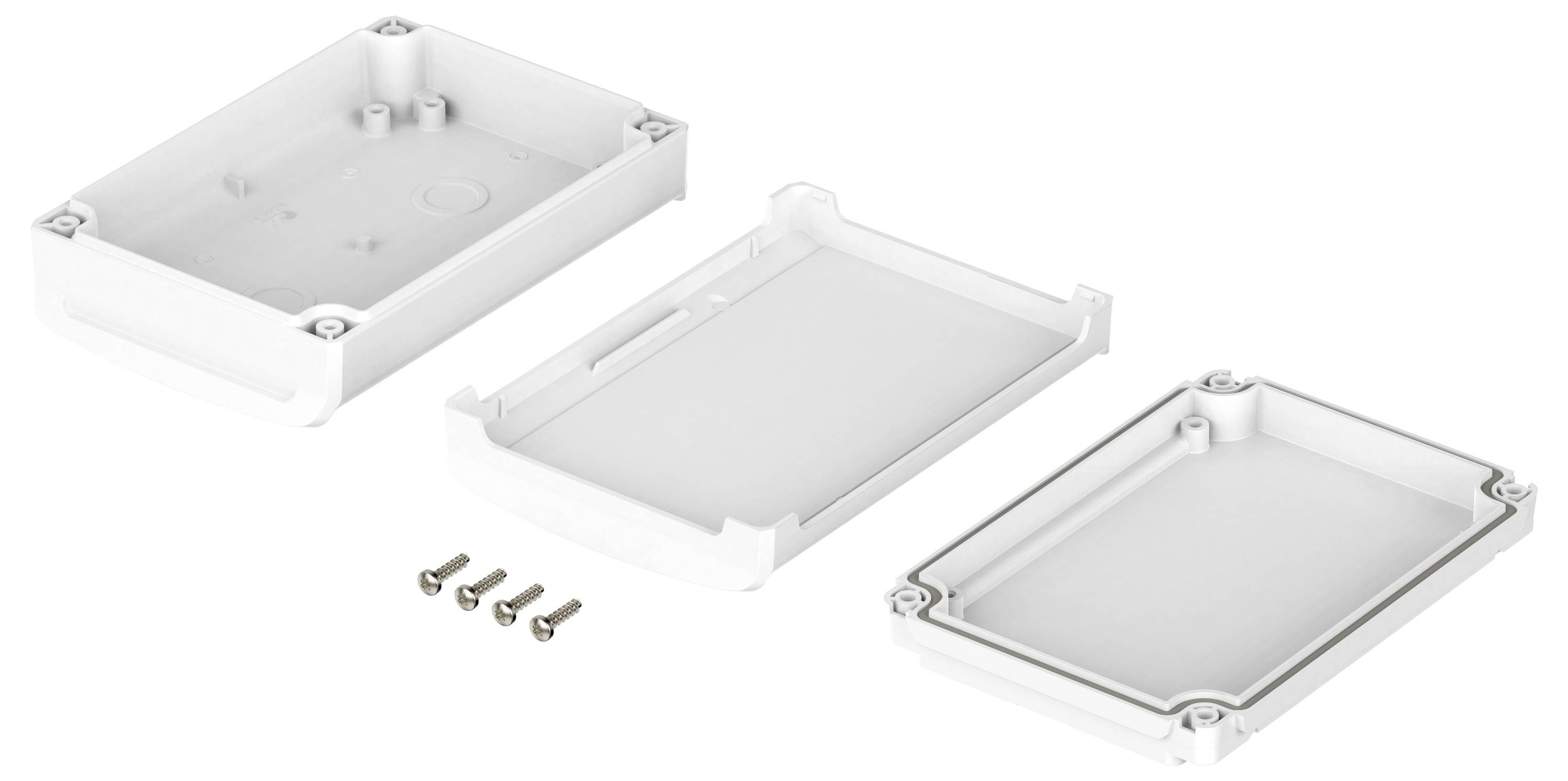 Three white plastic parts of a rectangular enclosure with four matching screws.