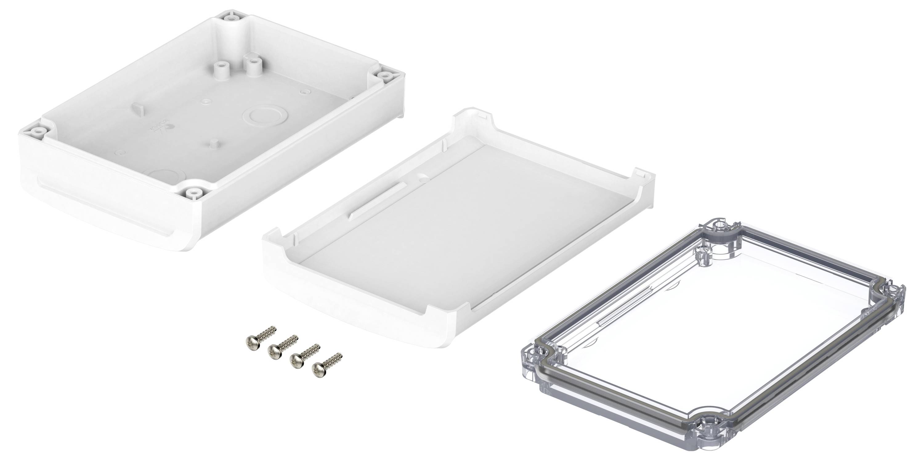 A plastic enclosure in three individual parts: top section, bottom section, and clear cover. Four screws positioned beside the parts.