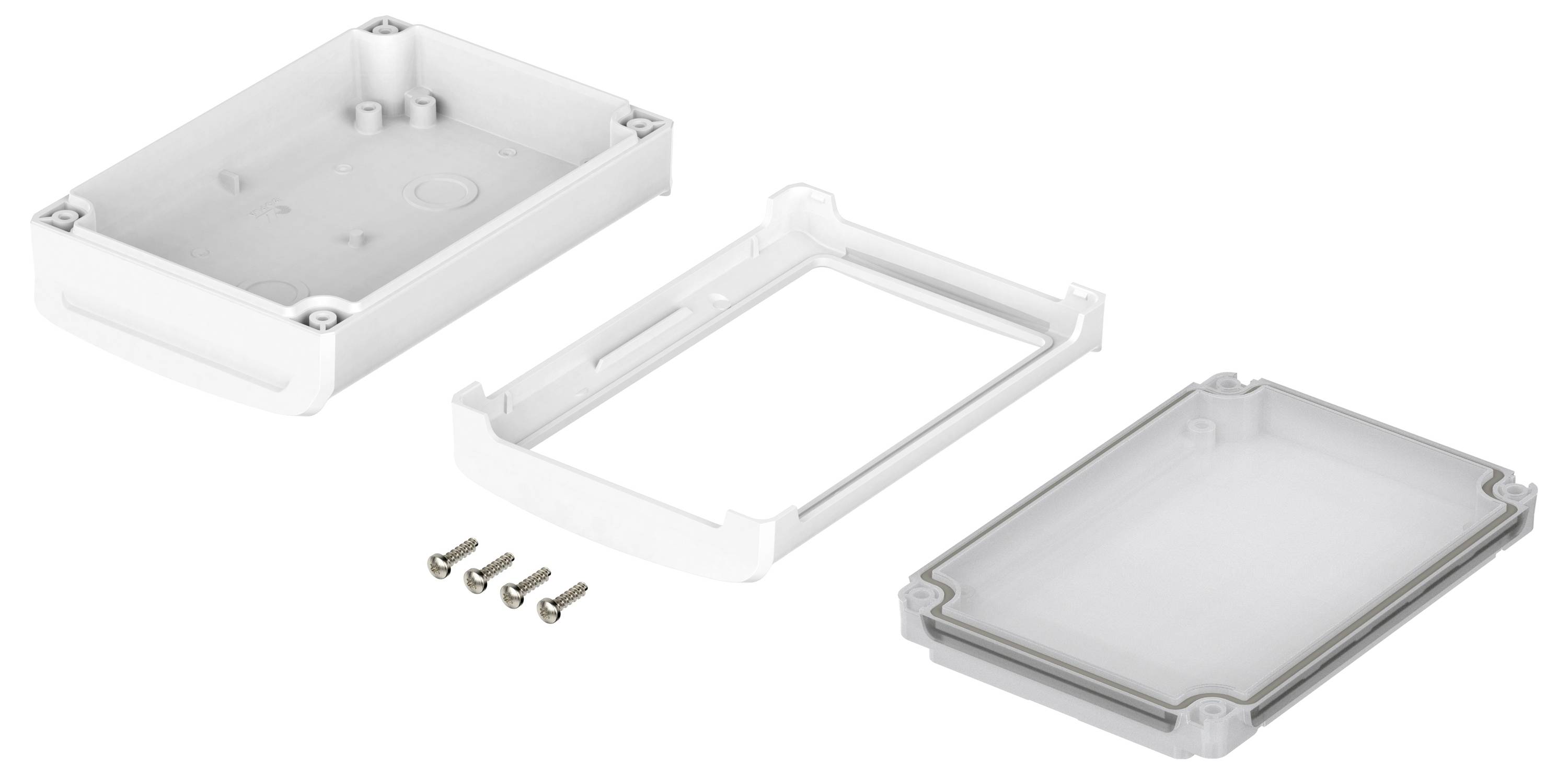 A white rectangular enclosure, consisting of three parts, lies disassembled on a surface. Four screws are placed beside it.
