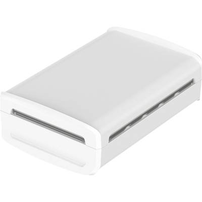 A white, rectangular toaster with narrow ventilation slots on the side.