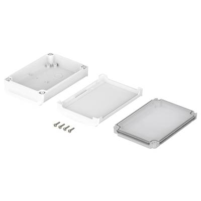 Electronic enclosure with removable lids in three parts shown, including four screws for fastening.