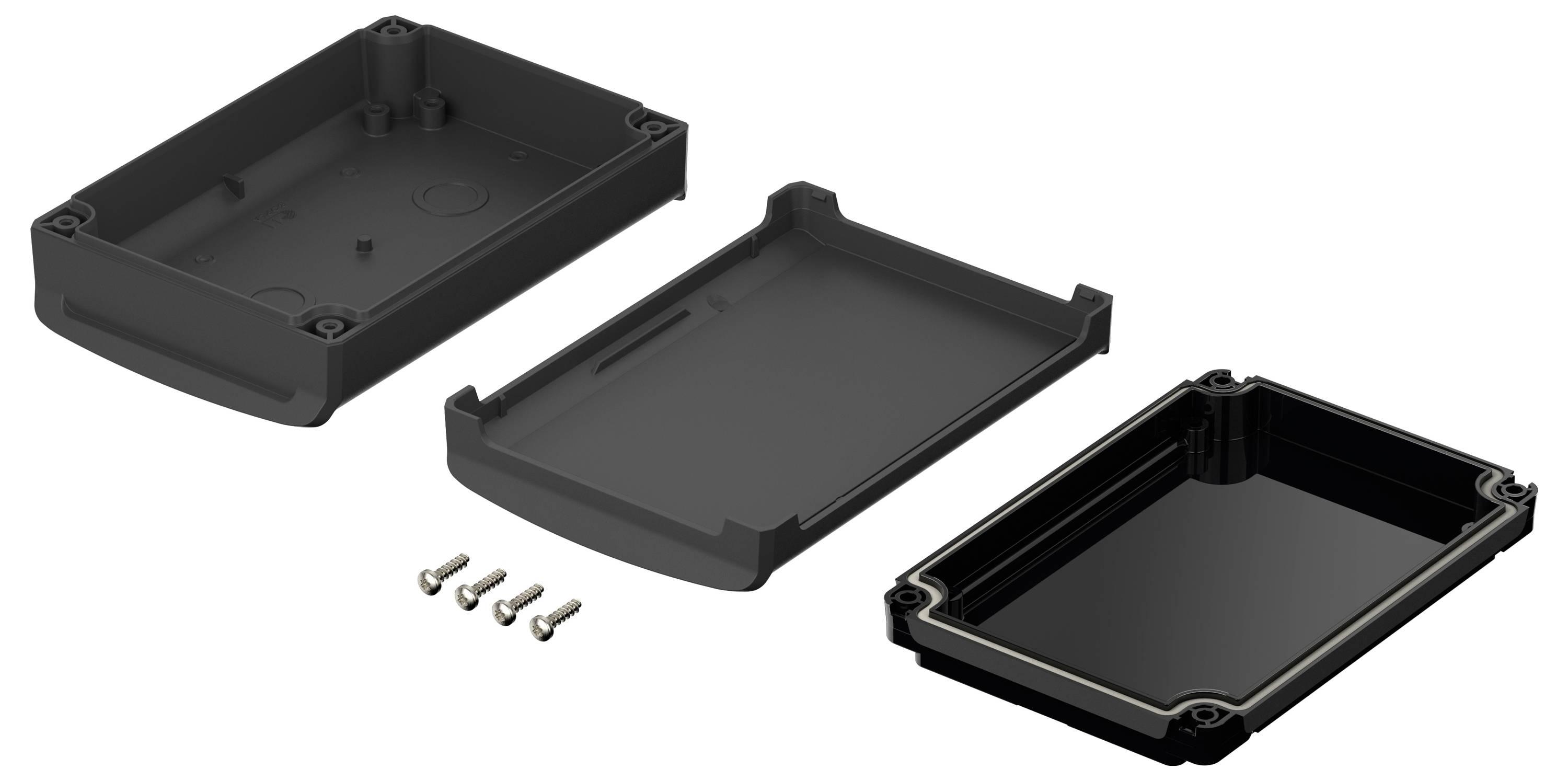 Black electronic enclosure, consisting of three parts: top section, bottom section and intermediate plate, along with five mounting screws.