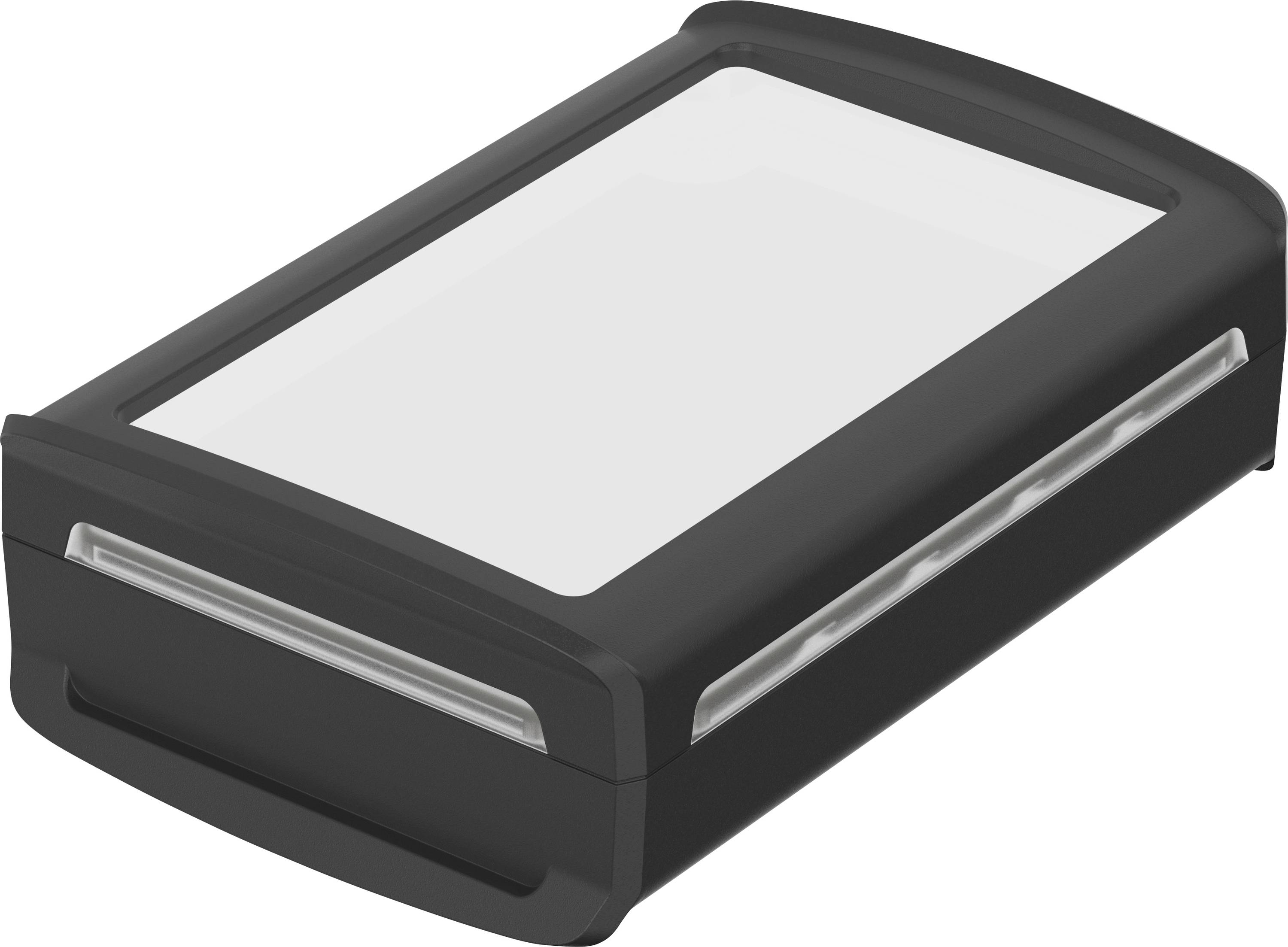 A rectangular, black plastic enclosure with a transparent lid. Possibly a storage container or an electronic device.