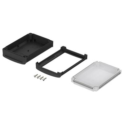 'Housing consisting of two black plastic parts, a clear lid and four screws; suitable for protecting electronic components.'