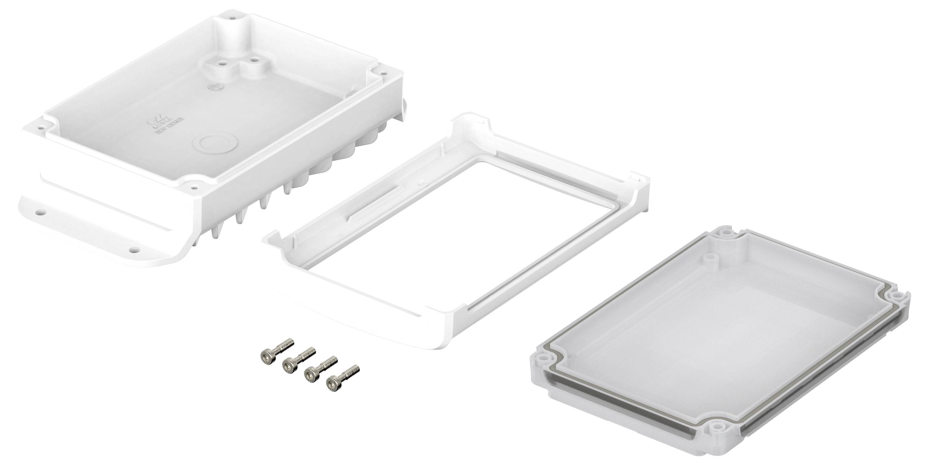 Plastic enclosure comprising three parts: top section, bottom section, and sealing gasket; includes four mounting screws. Ideal for electronic equipment protection.