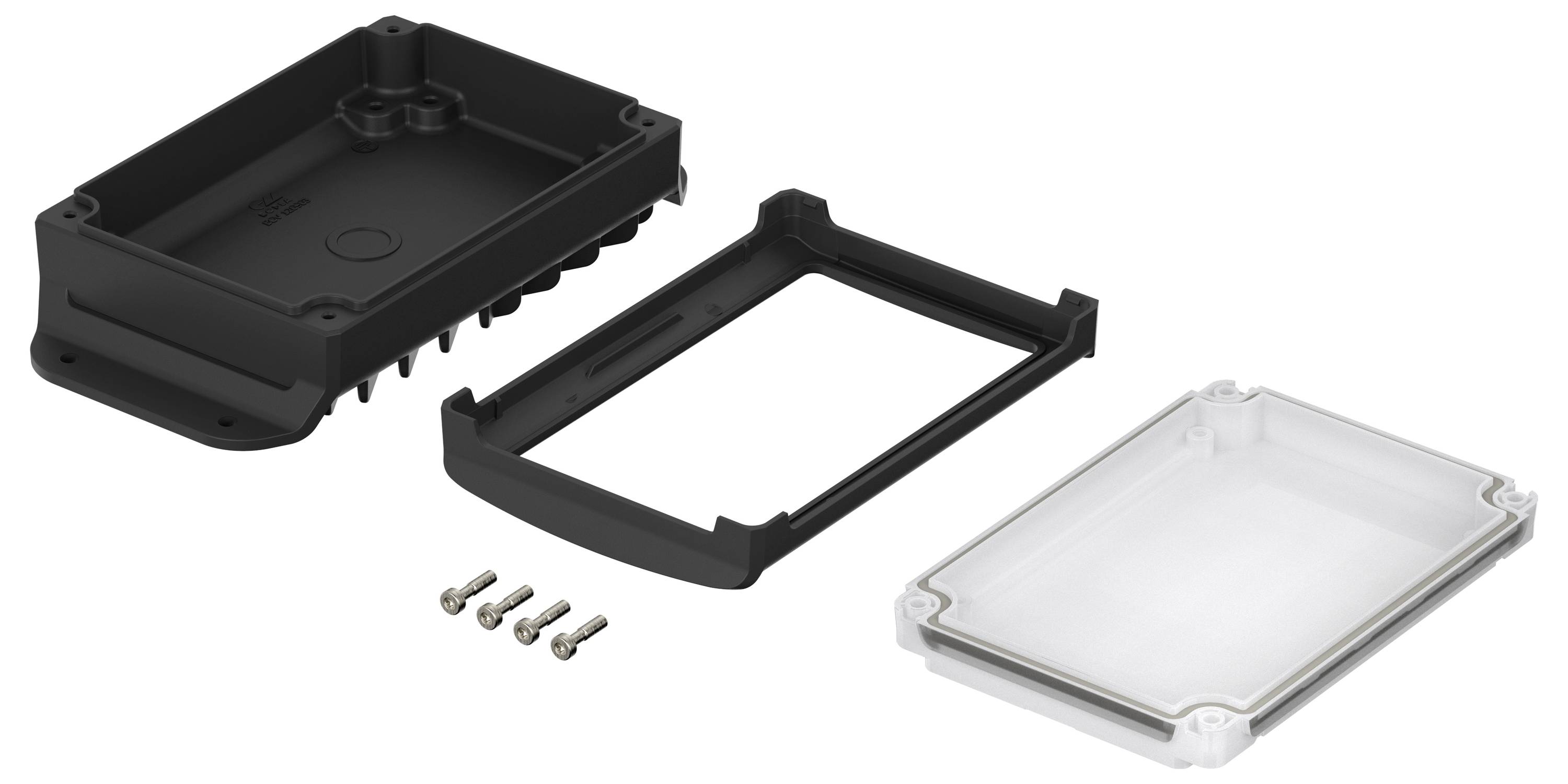 Housing with removable parts and screws, consisting of a black base, frame, and transparent cover, suitable for electronics.