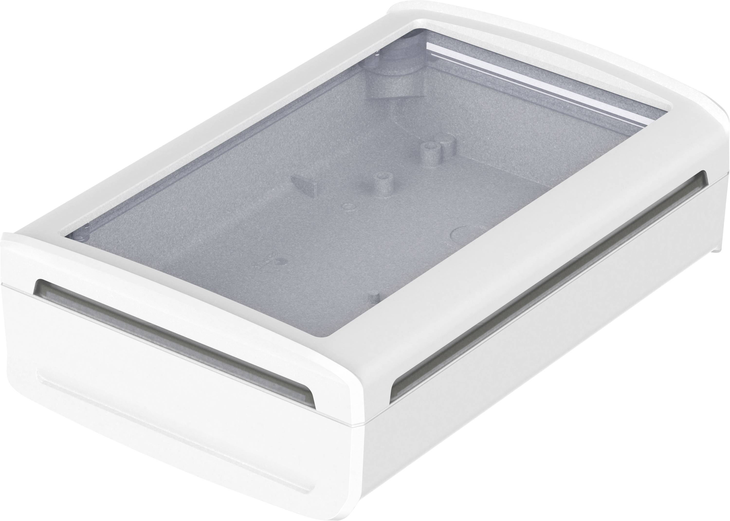 White rectangular plastic box with transparent lid.