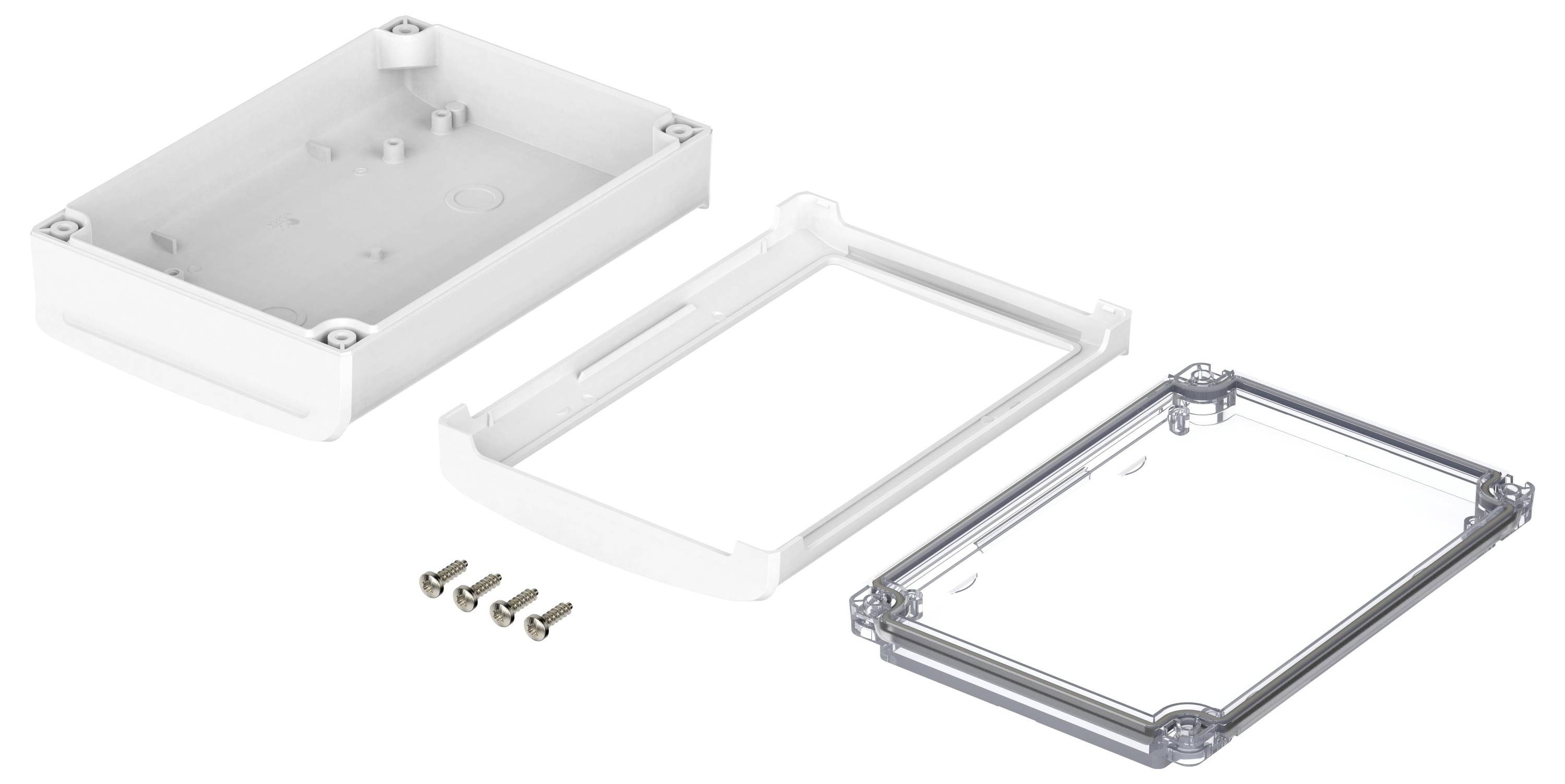 White plastic housing components with screws, comprising a back panel, intermediate frame, and transparent front cover.