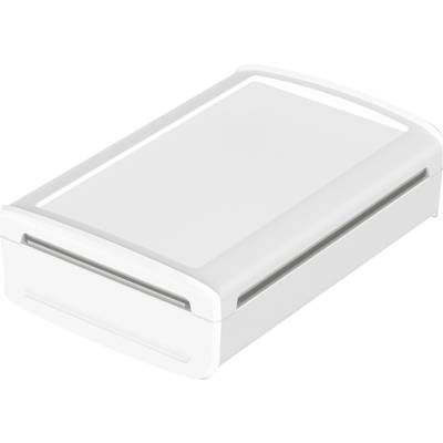 White rectangular plastic box with a transparent lid, possibly for storing items.
