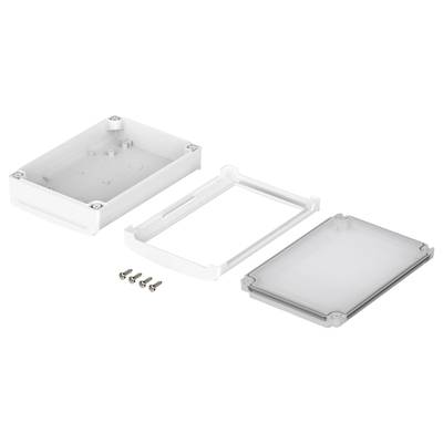 A housing set, comprising a base, a frame and a lid, with four mounting screws lying beside it.