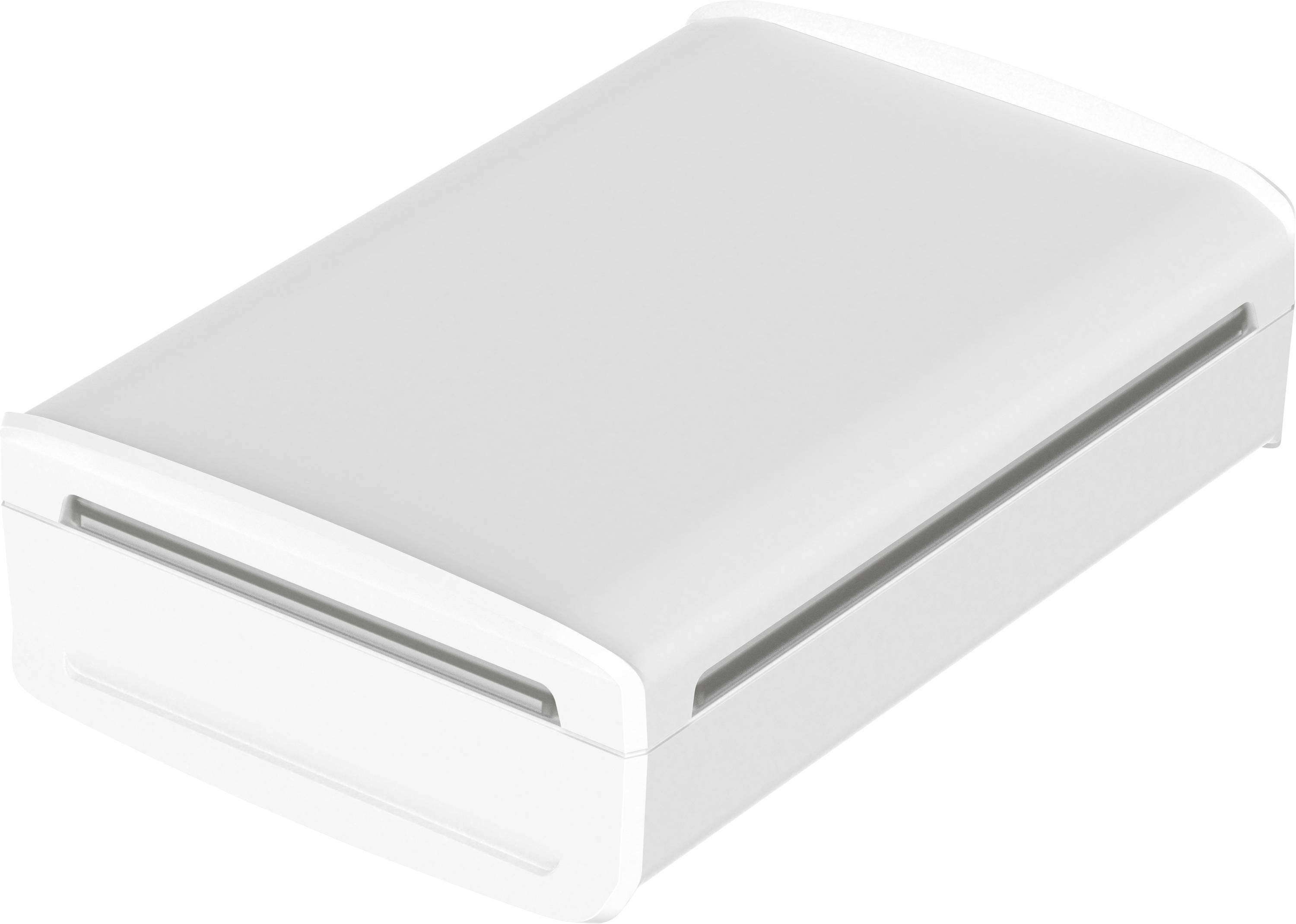 A white, rectangular plastic box with slightly rounded corners and a flat lid, suitable for storage.