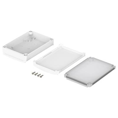 White plastic enclosures in three parts: base, lid, and seal. Four mounting screws are placed alongside. Suitable for electronic components.