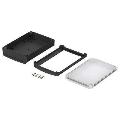 Housing assembly kit with a black base, transparent top section, central frame and four screws, ready for assembly.