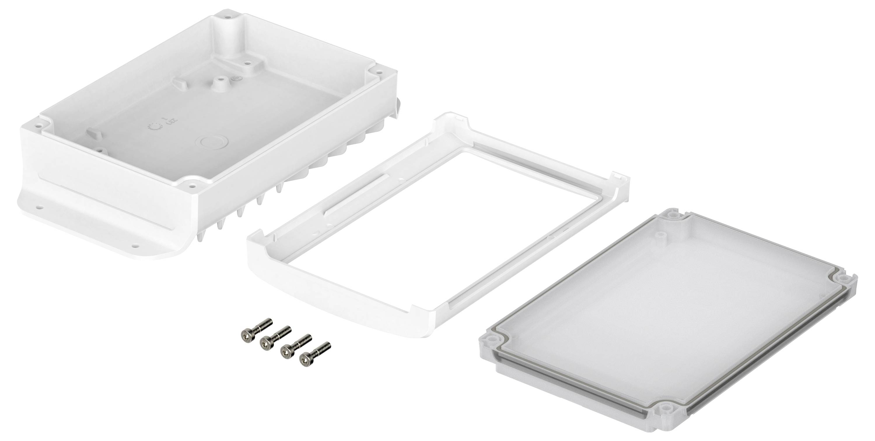 A rectangular, white plastic enclosure in three parts: base, frame and lid. Four fixing screws are included.