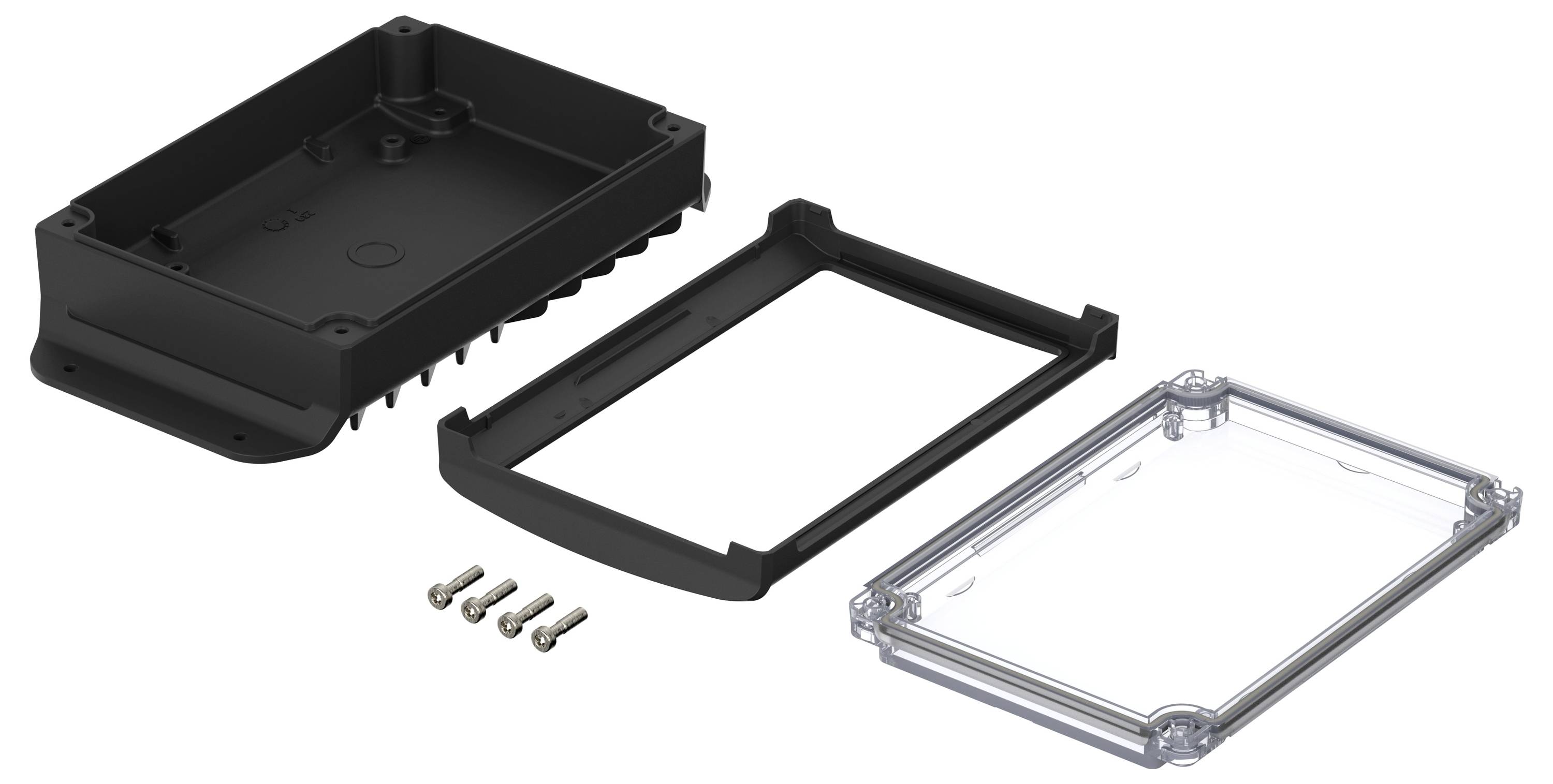 Electronic enclosure consisting of a black lower cover, a surrounding mounting bracket, a transparent upper cover, and four screws.
