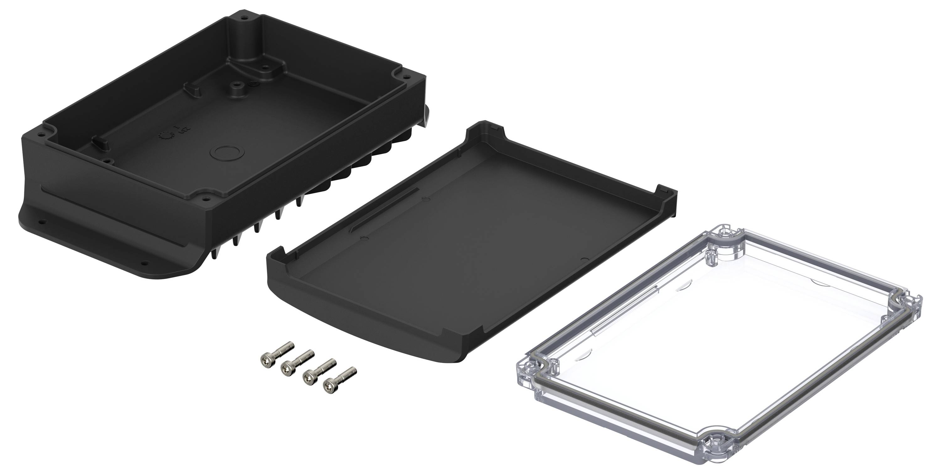 A black, rectangular enclosure comprised of three parts: base, middle section, and transparent lid, with four screws beside it.