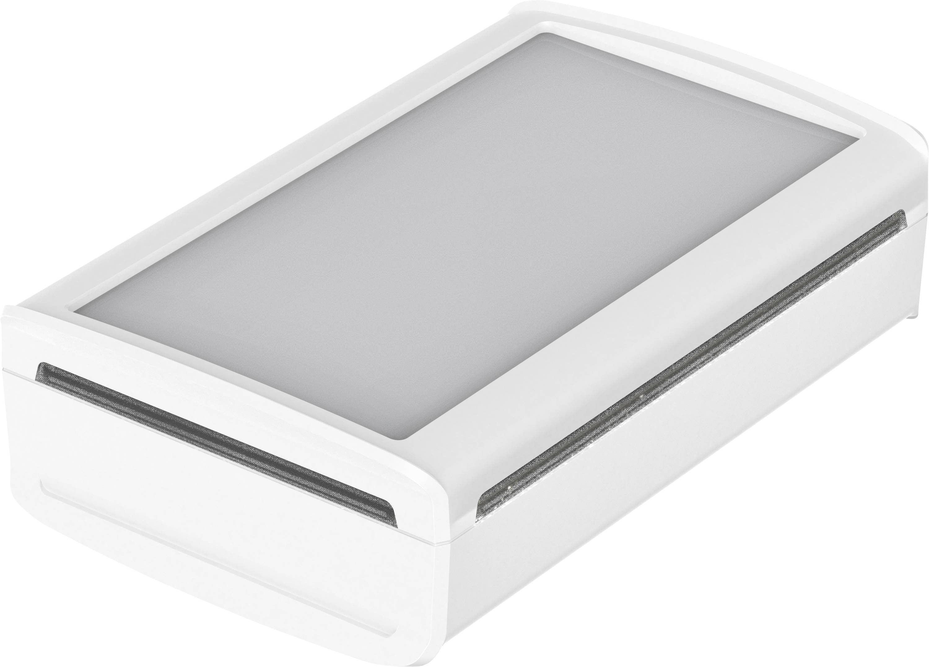 A rectangular, white housing with a grey surface on it, likely a technical device or enclosure.