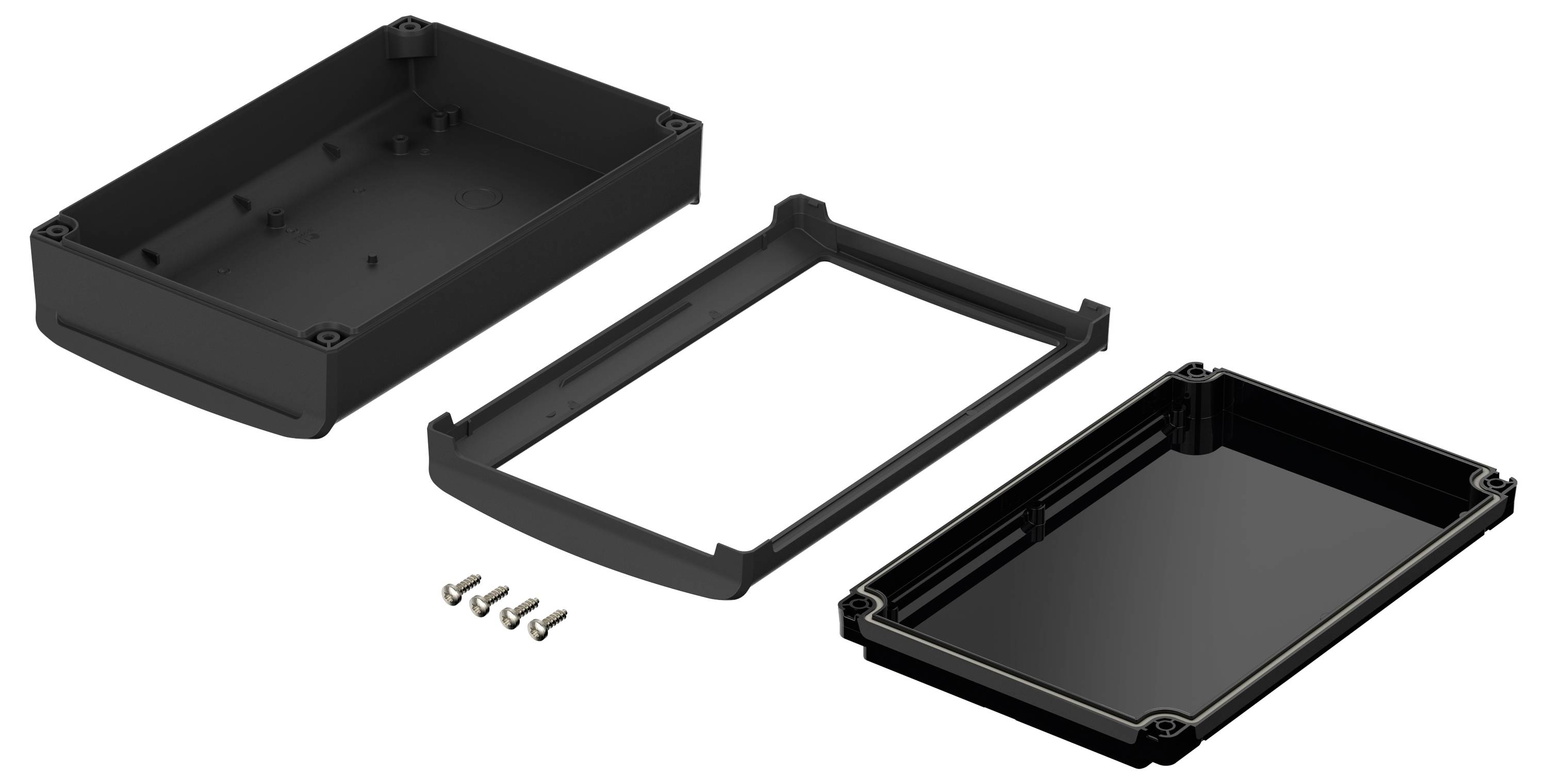 Black plastic housing in individual parts: upper and lower cover, frame and four screws.