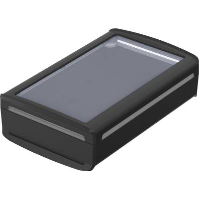 Small, rectangular, black plastic enclosure with a transparent lid, suitable for electronic components or devices.