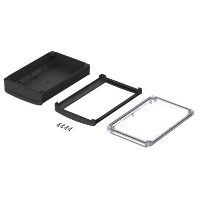 Black plastic casing, disassembled into three parts: top cover, frame, bottom cover. Four mounting screws.