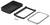 Black plastic casing, disassembled into three parts: top cover, frame, bottom cover. Four mounting screws.