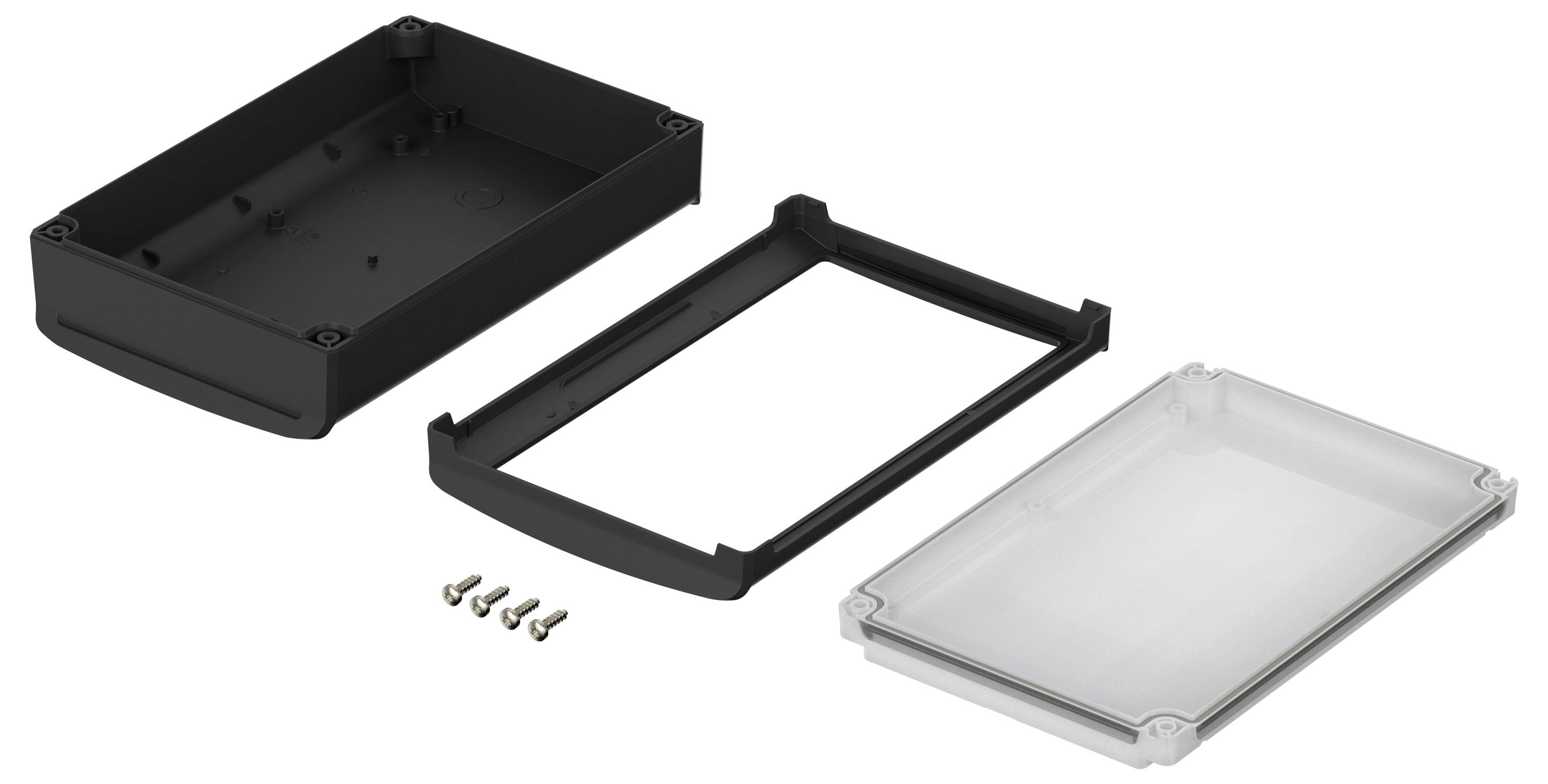 A rectangular, black enclosure dismantled into individual parts: top section, bottom section, and middle frame. Five screws are positioned beside it.