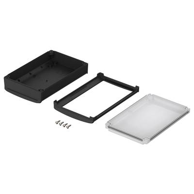 A rectangular, black enclosure dismantled into individual parts: top section, bottom section, and middle frame. Five screws are positioned beside it.