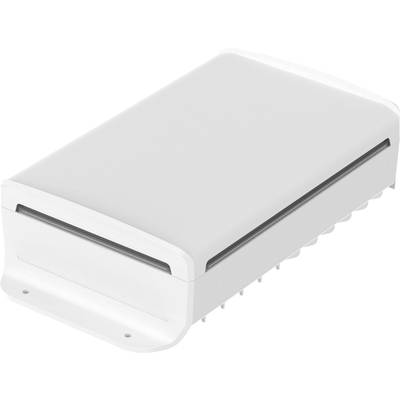 A white, rectangular plastic container with a closed lid and ventilation slots on the sides.